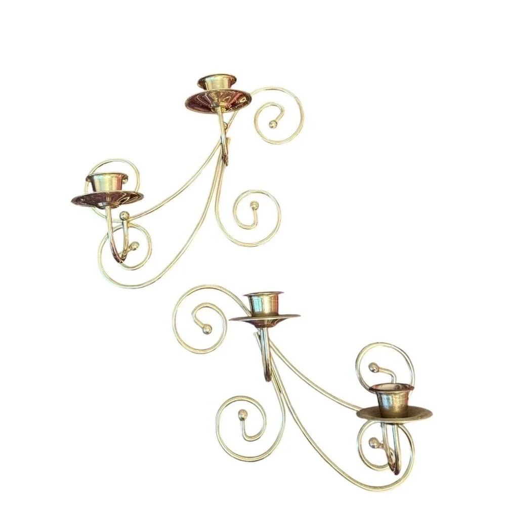 Vtg Pair 2 Home‎ Interior & Gifts Gold Twisted Metal Wire Wall Candle Sconce Mcm